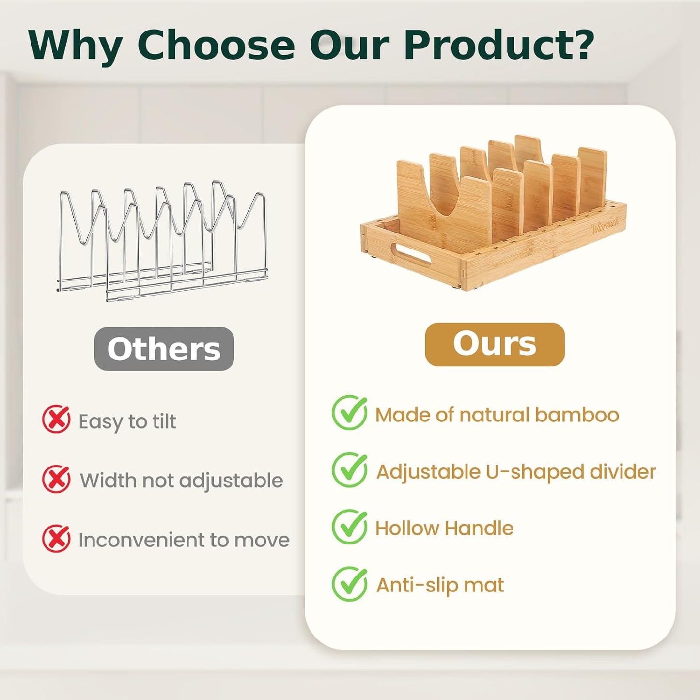 Bamboo Pot Lid Organizer, Adjustable Kitchen Organizer for Cabinet, Expandable Pot and Pan Storage Rack, Kitchen Organization for Lids, Bakeware, and Cutting Boards