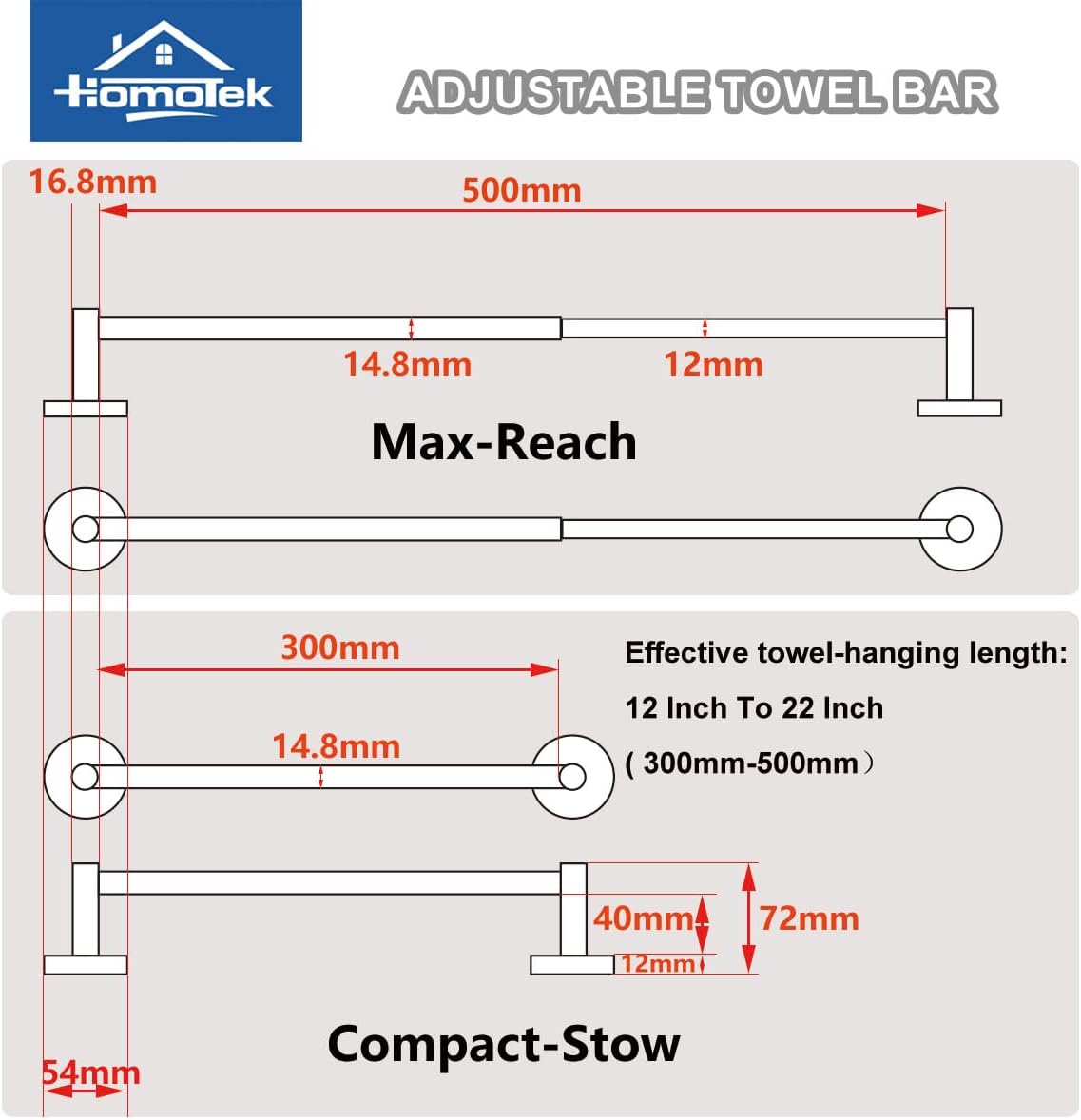 Adjustable Towel Bar, HOMOTEK Economical Bathroom Towel Holder Rod from 12 Inch to 22 Inch Single Towel Racks, Wall Mount Towel Rail, Towel Hanger Hook for Kitchen(1 Pack Brushed Stainless Steel)