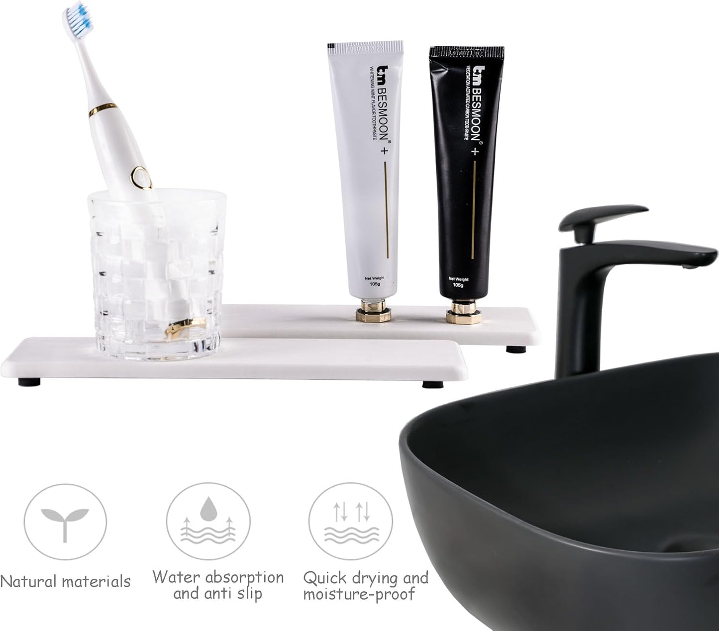 2 Pcs Water Absorbing Stone Trays, Kitchen/Bathroom Sink Soap Dish, Diatomite Tray Used for Hand Soap & Cosmetic Bottles in The Modern Home, 3.15" W x 10.2" L, White