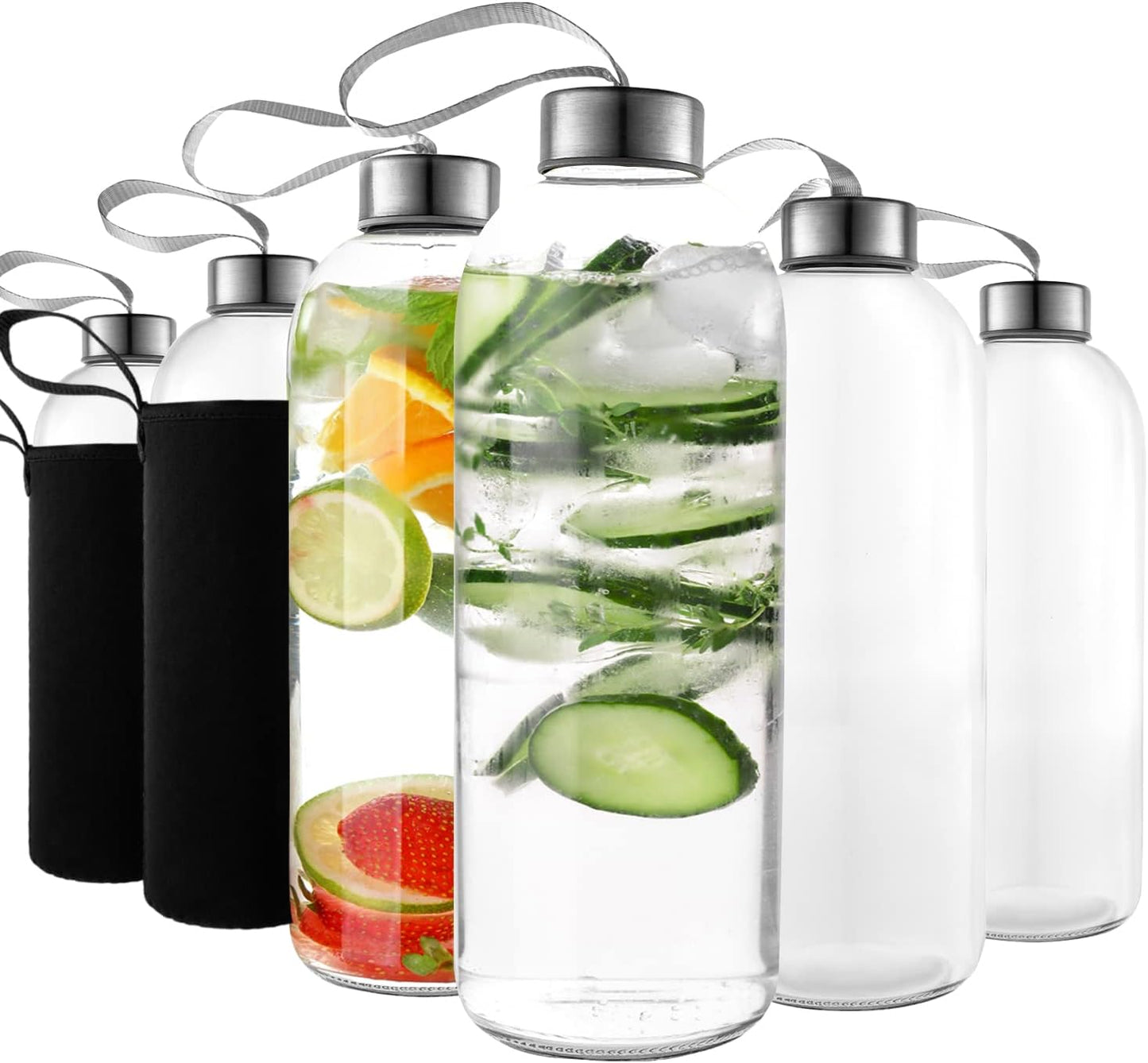 32 oz Glass Water Bottle Set of 12 - Glass Water Bottles Caps & Sleeve, Reusable Glass Bottle Lids, Clear Glass Bottles, Refillable Glass Juice Bottles for Juicing, Juicer Bottles