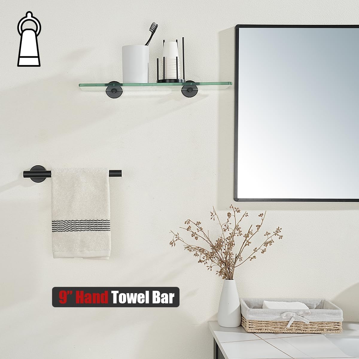 JQK Hand Towel Holder Towel Ring Black, 10 Inch Thicken 0.8mm 304 Stainless Steel Bathroom Hand Towel Bar, 9 Inch Useable Length Wall Mount Towel Rack Hanger, Matte Black, THH110L9-PB