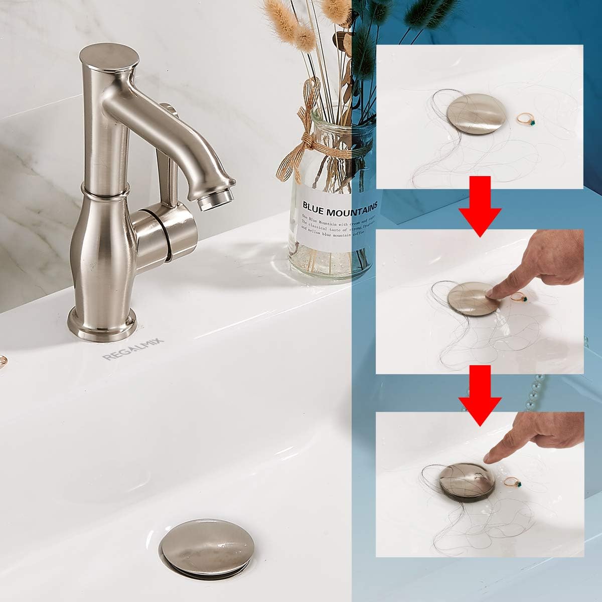 Bathroom Sink Drain Stopper Without Overflow, Pop Up Drain with Detachable Hair Catcher for Lavatory Vanity Vessel Sink, Brushed Nickel 2 Pack, RM082B-P2