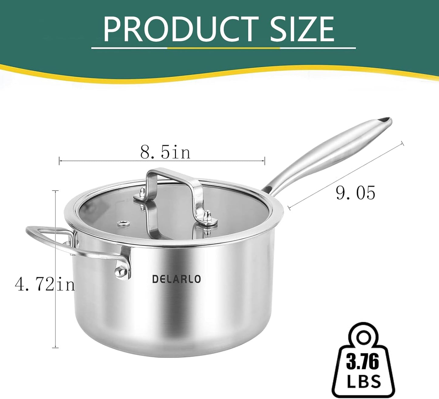 DELARLO Tri-Ply Stainless Steel Saucepan, 3.5 QT Saucepan with Lid, All Stove Compatible 600℉, Induction Sauce Pot, Heavy Duty Saucier, Dishwasher Safe Saucepan, Induction Pot 3.5 Quart, Even Heat
