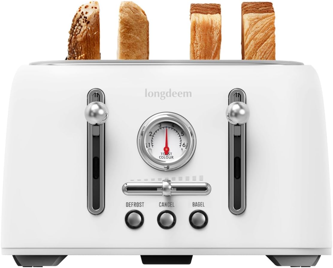 4-Slice Stainless Steel Toaster with 1.6" Wide Slots, Retro Bagel Toaster with 6 Browning Levels, Defrost/Bagel/Cancel, Removable Crumb Tray, Cute White