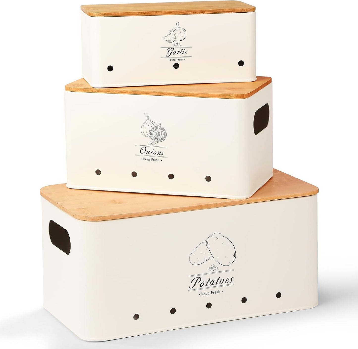 Kitchen Vegetable Storage Tins Set of 3 for Potatoes, Onion, Garlic, Vegetable Storage Containers with Ventilation and Bamboo cover, White metal material, Potato and Onion bin for Pantry