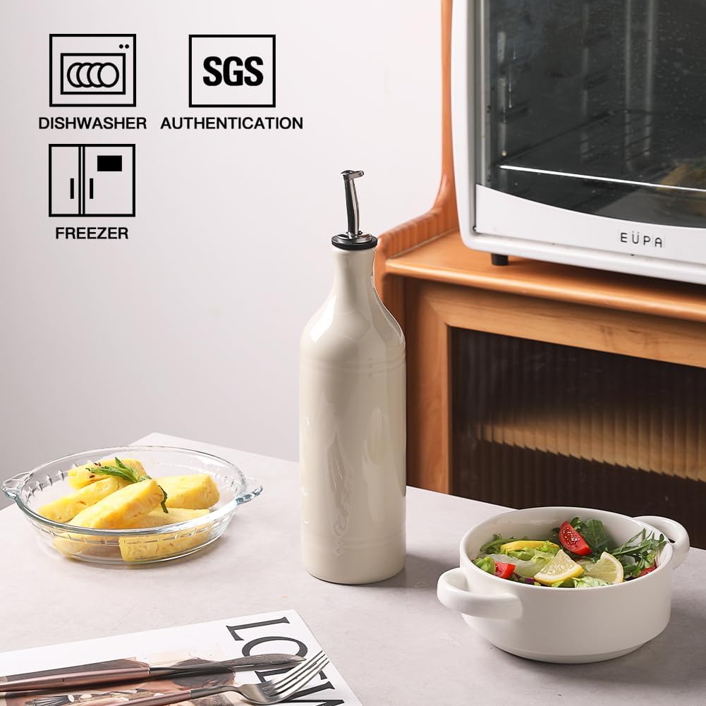 Sweejar Large Ceramic Olive Oil Dispenser Bottle, Opaque Oil Cruet Protects Oil to Reduce Oxidation, Storage Oil, Vinegar, Soy Sauce & Other Liquids, Pack of 1, 24 Fl Oz (Beige)