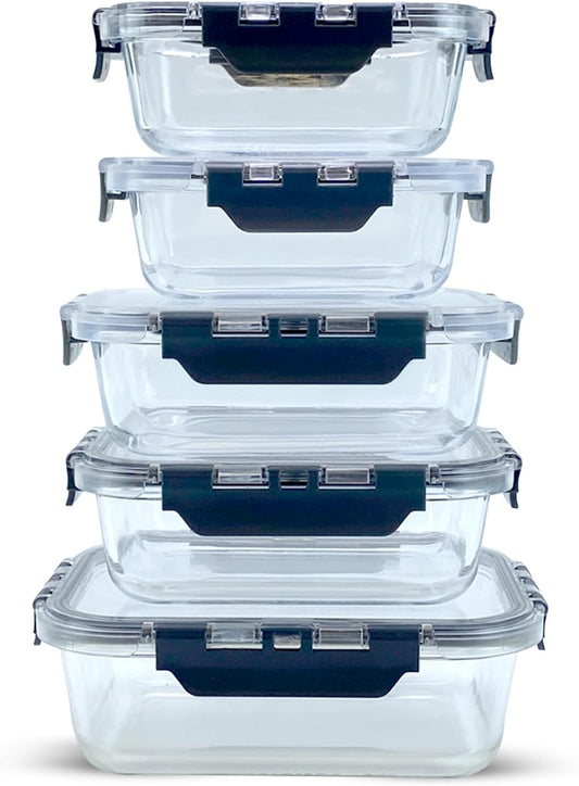 Glass Food Storage Containers with Lids, 5-Piece Set – Airtight, Leakproof, Oven & Freezer Safe, BPA-Free