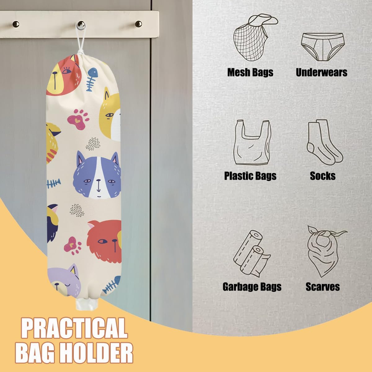 Cat Plastic Bag Holder, Wall Mount Grocery Bag Holder, Plastic Storage bag, Pull Rope Free Adjustment, Plastic Bag Holders for Grocery Bags, Plastic Bag Dispenser for Home Kitchen Camping