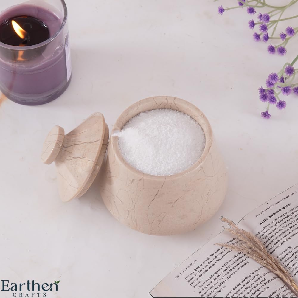 Marble Salt Cellar 4" Inches Salt Jar, Verona Natural Stone Spice and Flaky Salt Holder with Lid For Kitchen Storage, Decorative Brown Sugar Keeper
