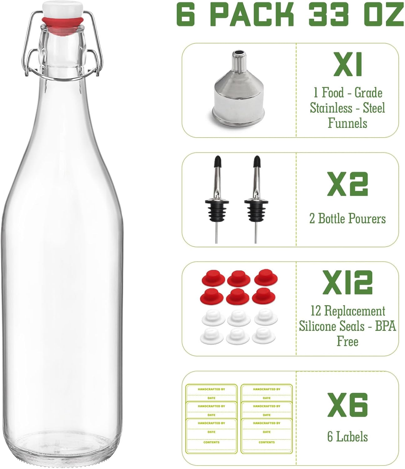 6 Pack [1 Liter / 33 fl. oz.] Swing Top Glass Bottles – Airtight Flip Top Brewing Bottles for Kombucha, Beer, Wine, Kefir, Soda, Liquor – Includes Funnel, 2 Pourers, 6 Seals, 8 Labels & Jute Twine
