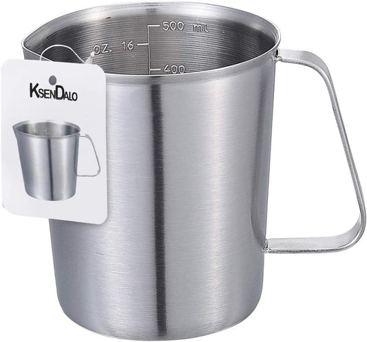 KSENDALO 16oz/2Cup SUS304 Stainless Steel Measuring Cup - Precision Engraved Markings for Liquid, Coffee, Milk & Espresso - 500mL Kitchen Mixing Pitcher, Canister & Container for Baking & Frothing