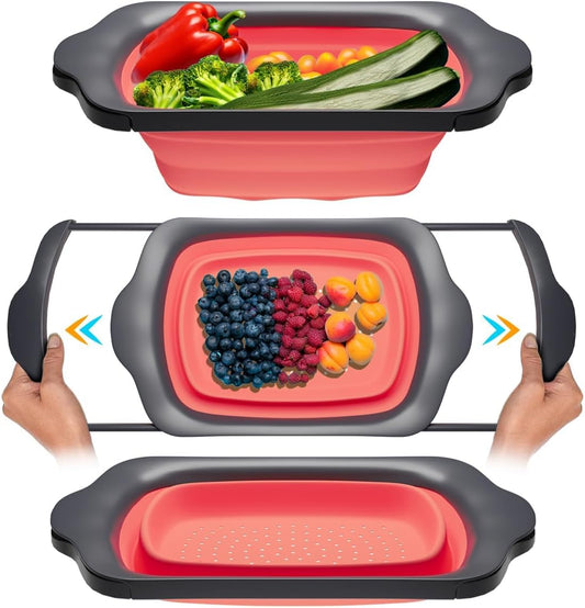 XL Large Kitchen Strainer by Comfify - Collapsible Silicone Over-The-Sink Colander with Extendable Handles - Use with Pasta, Fruit, Berries & Veggie - 6 Quart - Coral