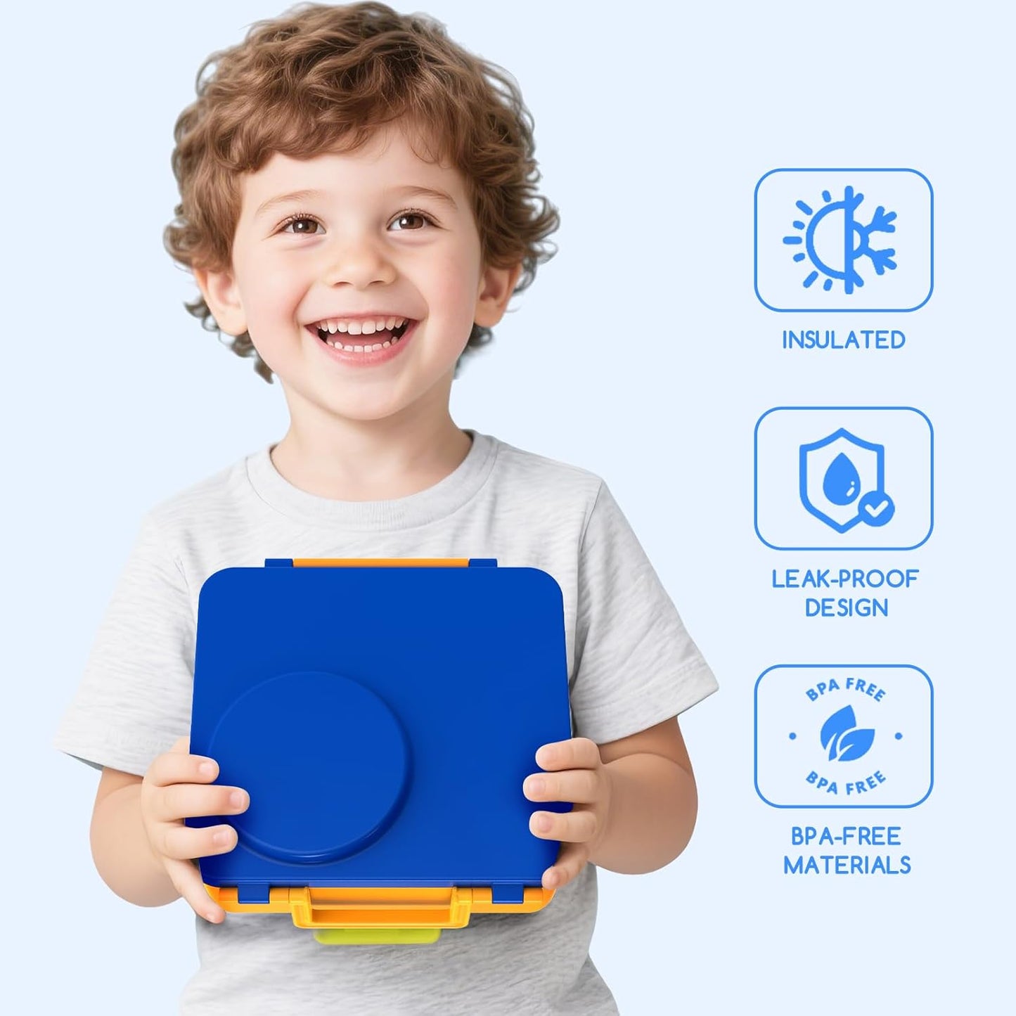 Bento Box for Kids - Leak-Proof Lunch Box with Insulated Thermos Food Jar - 4 Compartments, 1 Removable Divider, 1Spoon, 1 Fork - Dishwasher Safe, BPA-Free (Blue)