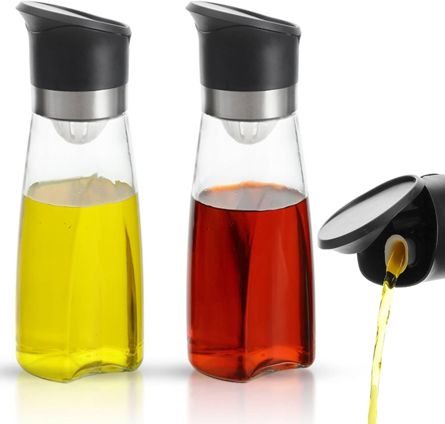Premium Glass Olive Oil and Vinegar Dispenser Bottles Set, 2-Piece Kitchen Cooking Cruet with Auto-Open Lid, Non-Drip Pouring Spout, Oil Infuser Filter, Dishwasher Safe (Black 11oz)