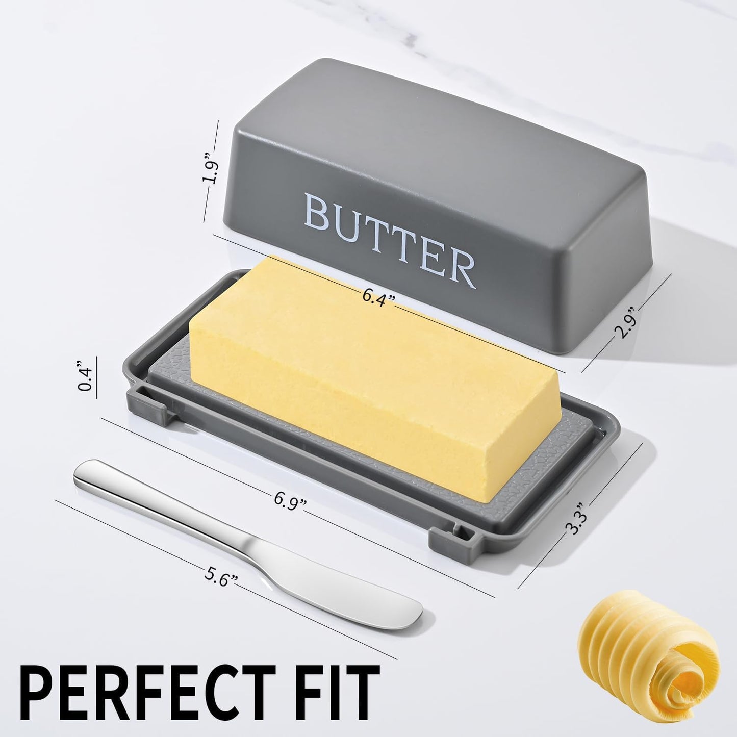 Butter Holder With Cover And Knife,Food Grade Plastic Butter Dishes With Lid And Spreader,Grey Cheese Storage Container For Countertop