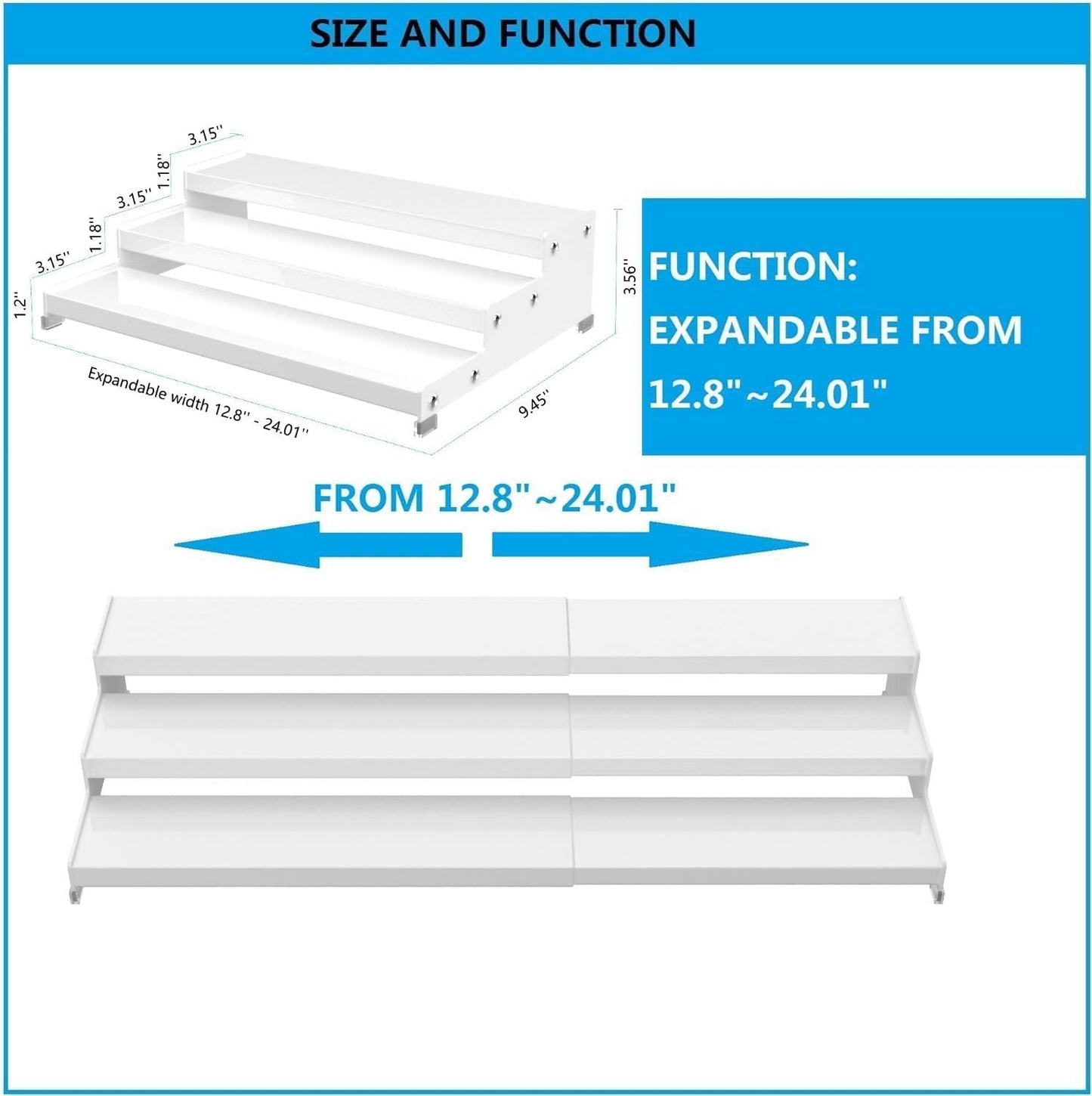 Expandable Spice Rack Storage organizer with 3-Tier step shelf cabinet,seasoning racks organizion.Great for Kitchen countertop shelves,Pantry and more(1Pack/White)