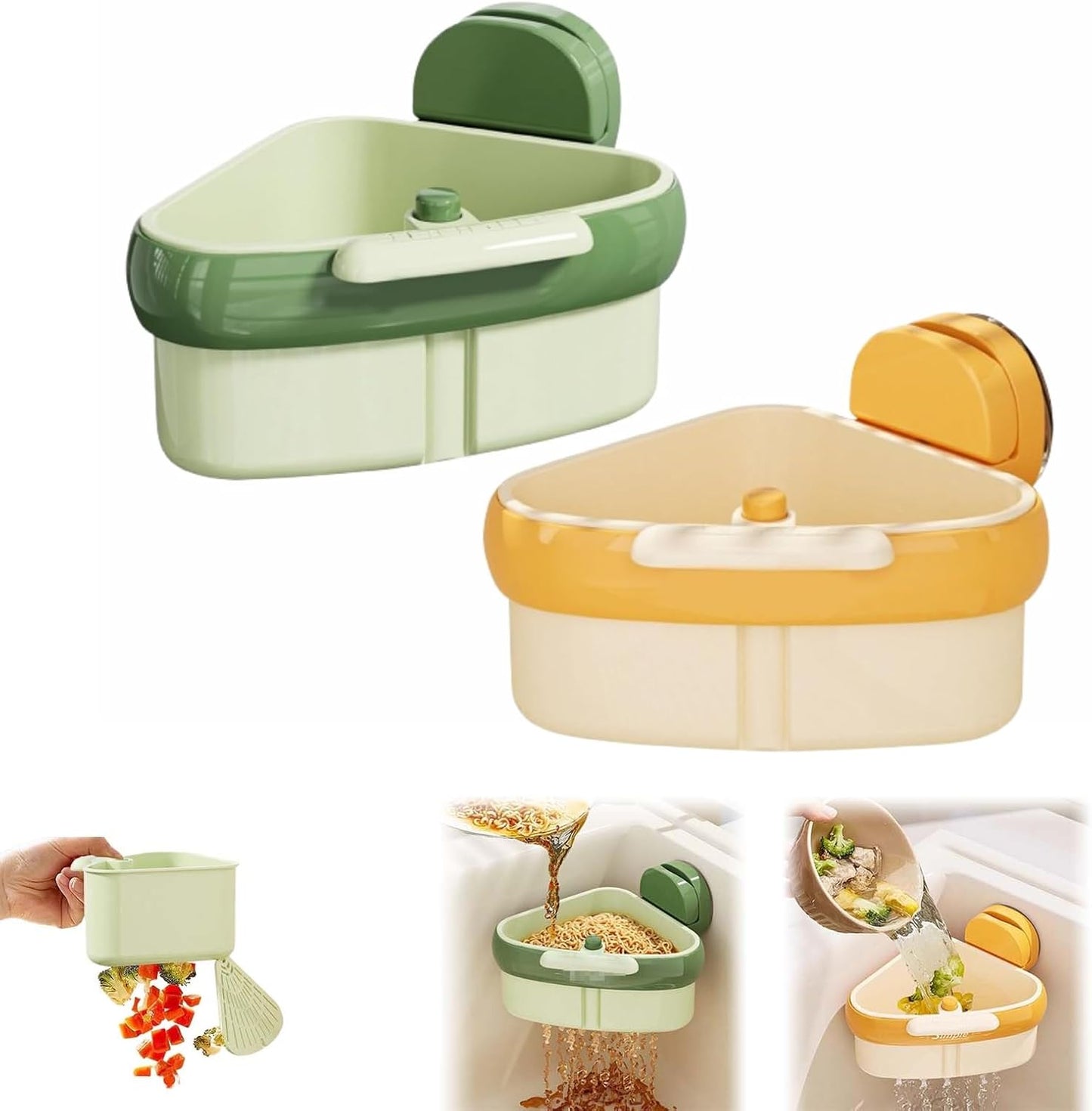 Corner Sink Strainer,2025 New Suction Cup Press Sink Strainer Basket,Automatic Dumping food Waste Catcher for Sink,Faucet Sponge Storage Rack,Corner Sink Trash Catcher for Food Waste (Yellow+Green)