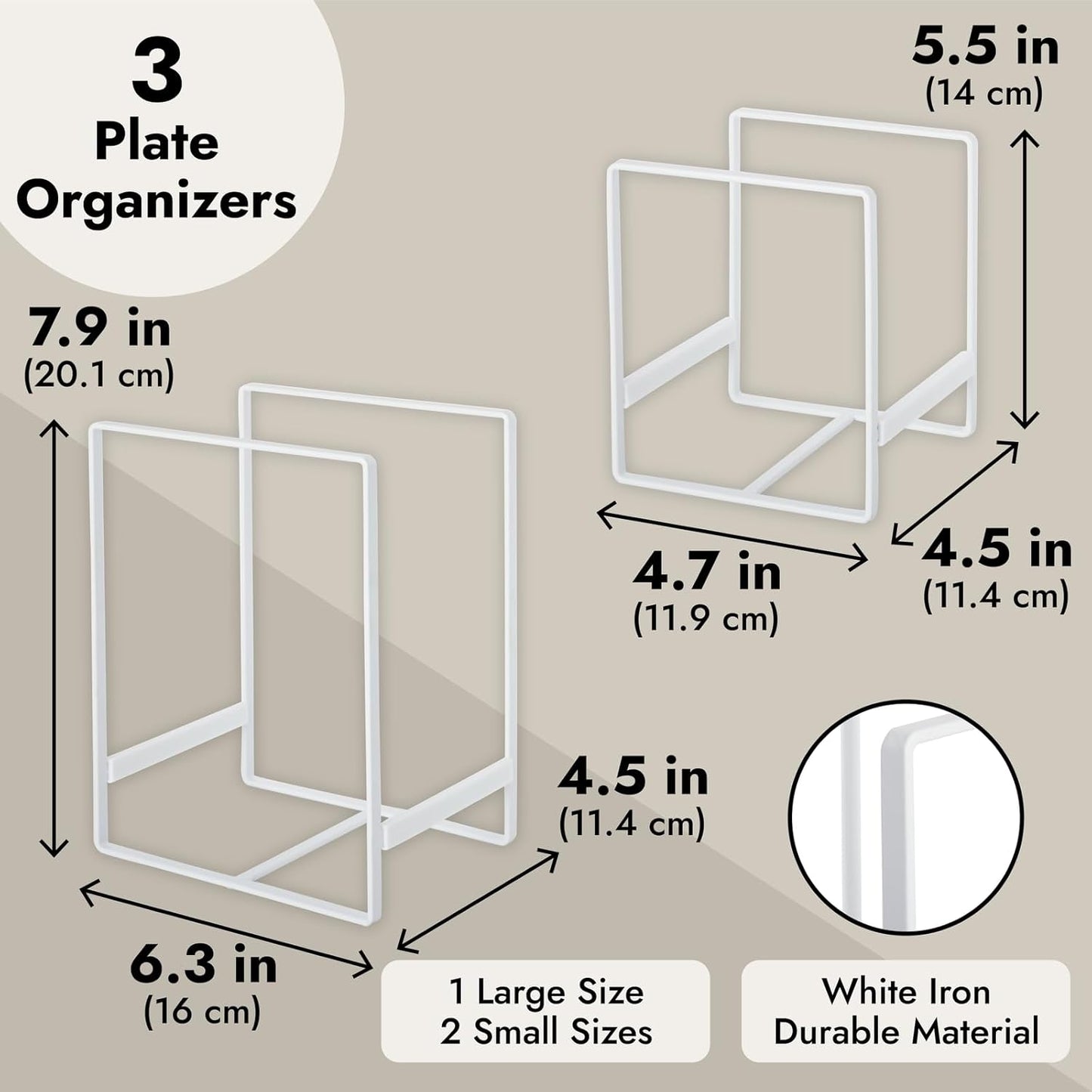 Juvale 3-Piece Plate Organizer - Space-Saving Cabinet Storage & Dish Storage Rack - Plate Stand & Pot Lid Holder - Pack of 3, White, 1 Large & 2 Small