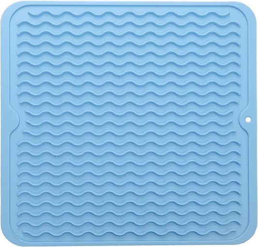Silicone Dish Drying Mat for Multiple Usage,Easy clean,Eco-friendly,Heat-resistant Silicone Mat for Kitchen Counter or Sink,Refrigerator or Drawer liner Light Blue M 12 inches x 12 inches