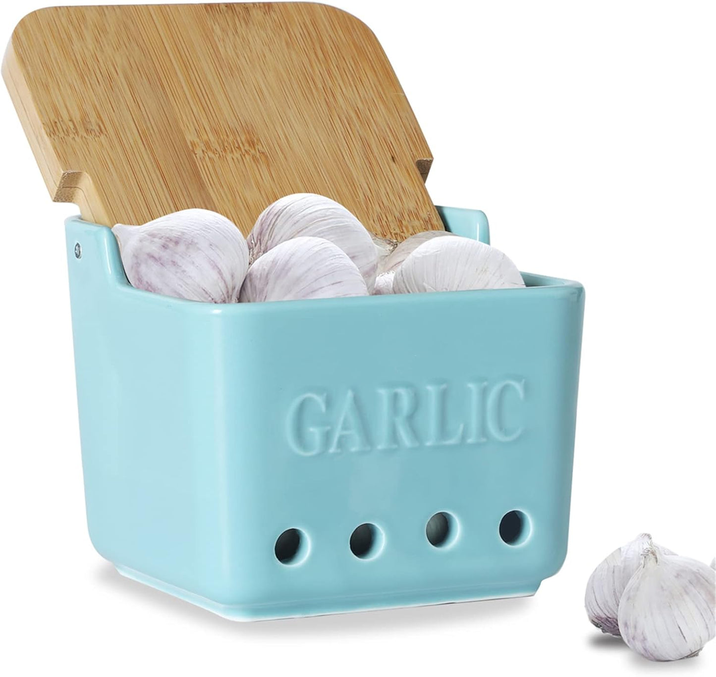 ONTUBE Garlic Keeper with Lid, Ceramic Garlic Holder Storage, Garlic Container for Kitchen, Garlic Saver to Keep Your Garlic Cloves Fresh Longer 4.7-Inch, Turquoise
