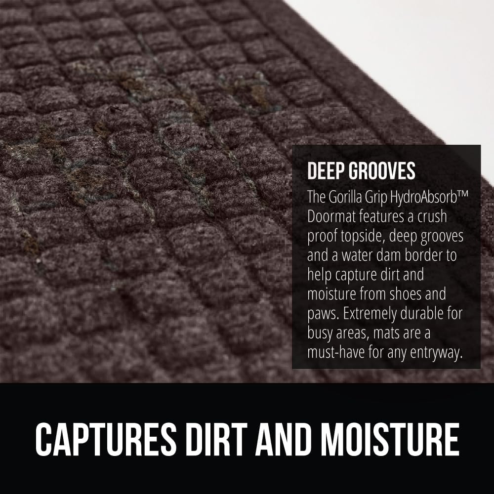 GORILLA GRIP Front Door Mat, 47x35, Indoor Outdoor Ultra Absorbent HydroAbsorb Doormat, Absorbs Up to 6 Cups of Water, Stain and Fade Resistant, Rubber Backing Doormats, Captures Dirt, Coffee