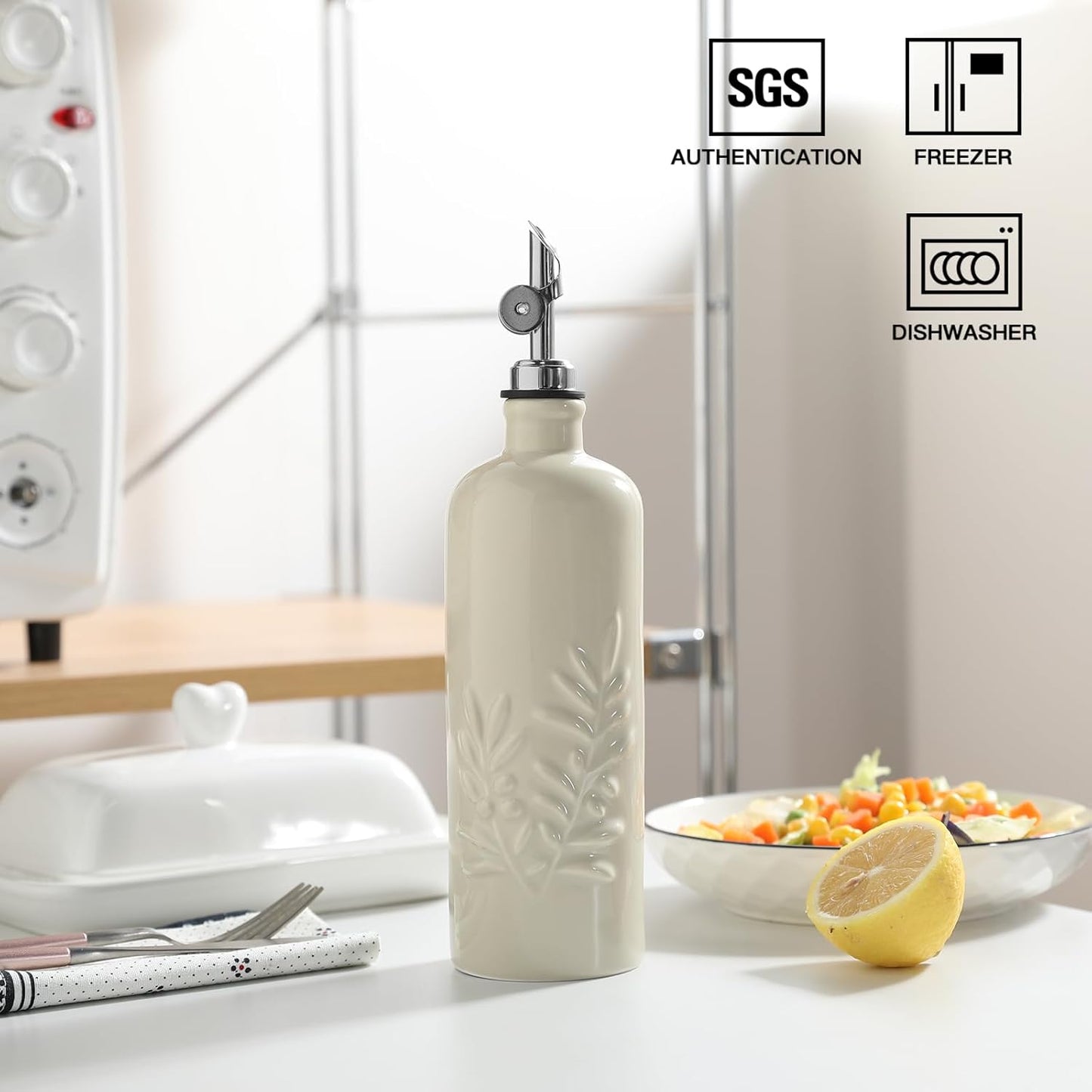 Sweejar 18 Oz Oil Dispenser for Kitchen with Gravity Spout, Ceramic Olive Oil Dispenser Bottle, Relief Opaque Vinegar Container for Evoo, Vinegar, Soy Sauce, Pack of 1(Beige, Silver Spout)