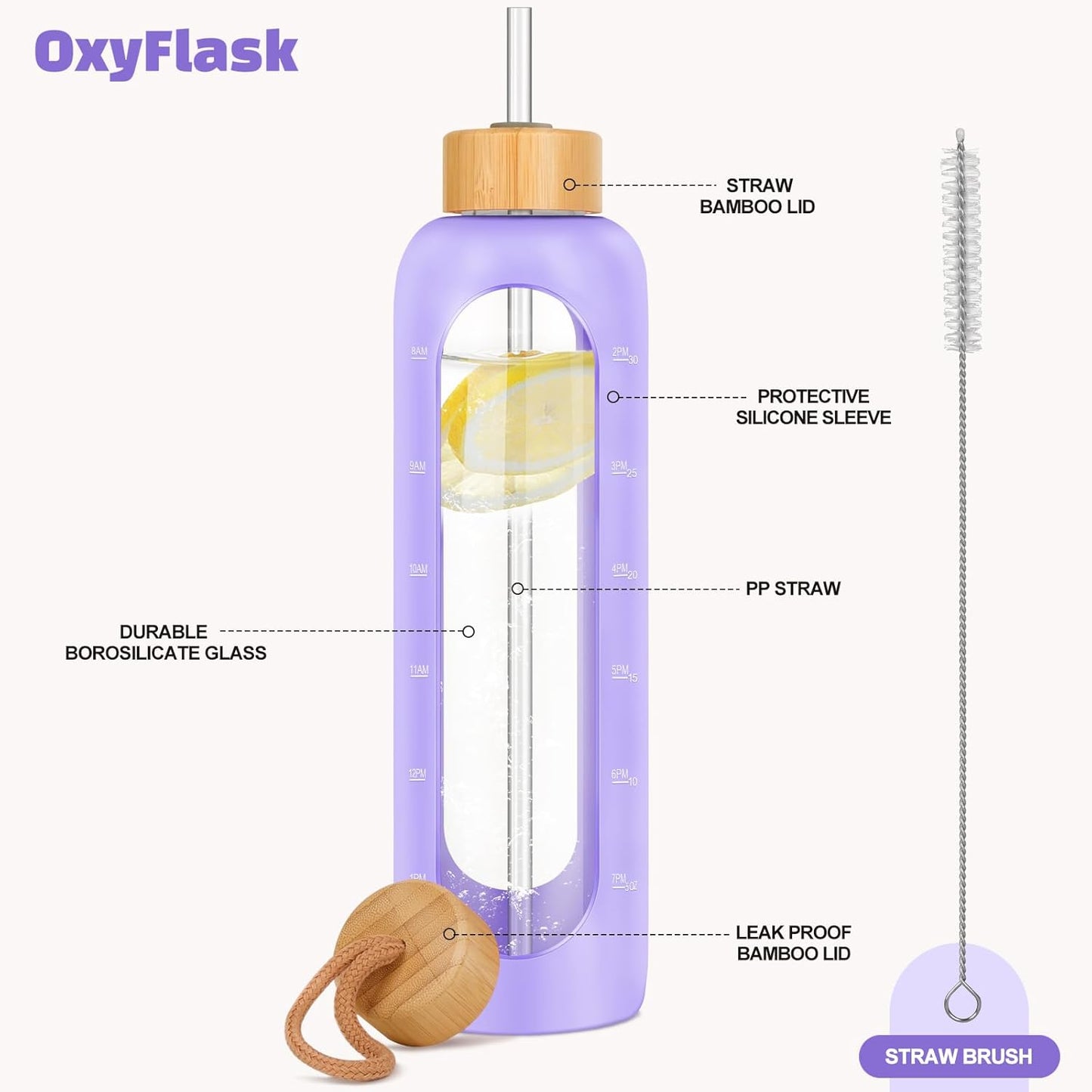 Glass Water Bottles 32 oz - Motivational Drinking Glass Water Bottle with Silicone Sleeve, Straw & 2 Bamboo Lids - 1 Liter Clear Borosilicate Daily Intake Tumbler with Time Marker - Violet