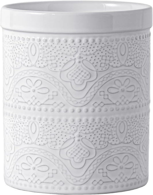 FUN ELEMENTS Kitchen Utensil Holder, 7.2" Super Large Utensil Crock Heavy and Stable Lace Emboss Ceramic Utensil Holder for Kitchen Counter (Bright White)