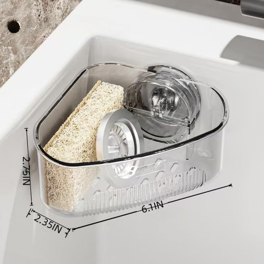 Kitchen Sink Storage Rack Suction Cup Corner Organizer for Sinks Drill-Free Triangular Sink Rack with Drain Basket Includes Adhesive Sponge and Soap Dish 2-Piece Set for Countertop Organization