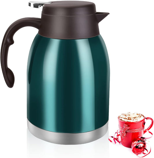 54oz Stainless Steel Thermal Coffee Carafe Dispenser, Unbreakable Double Wall Vacuum Flask 1.6L Water Tea Pot Beverage Pitcher for Hot Coffee for Christmas Carafe (Green)