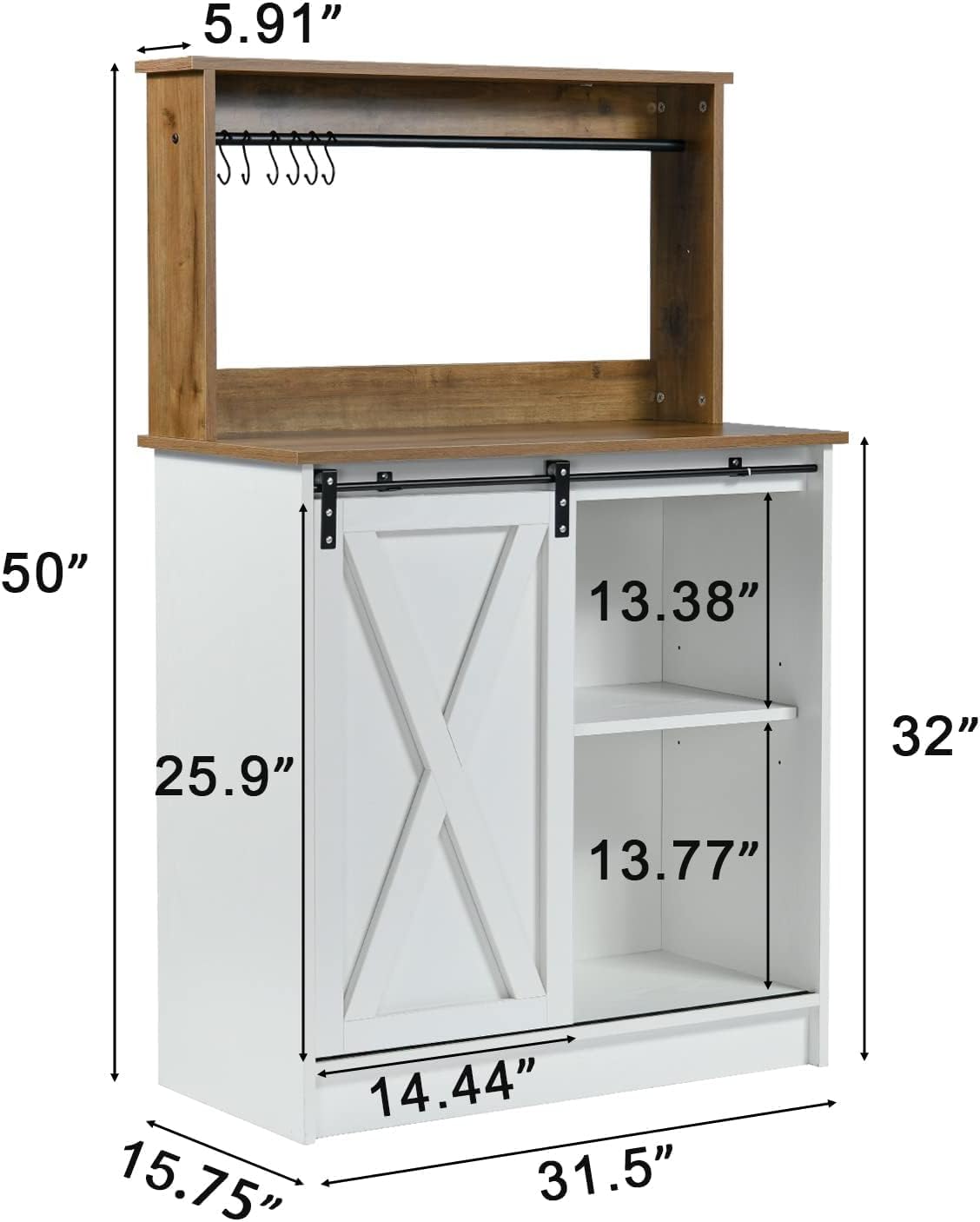 4ever2buy Farmhouse Coffee Bar Cabinet with Storage, White Coffee Bar with Hutch and 6 Hooks, 31.5 Inch Hutch Cabinet with Sliding Barn Door and Adjustable Shelves for Living Room