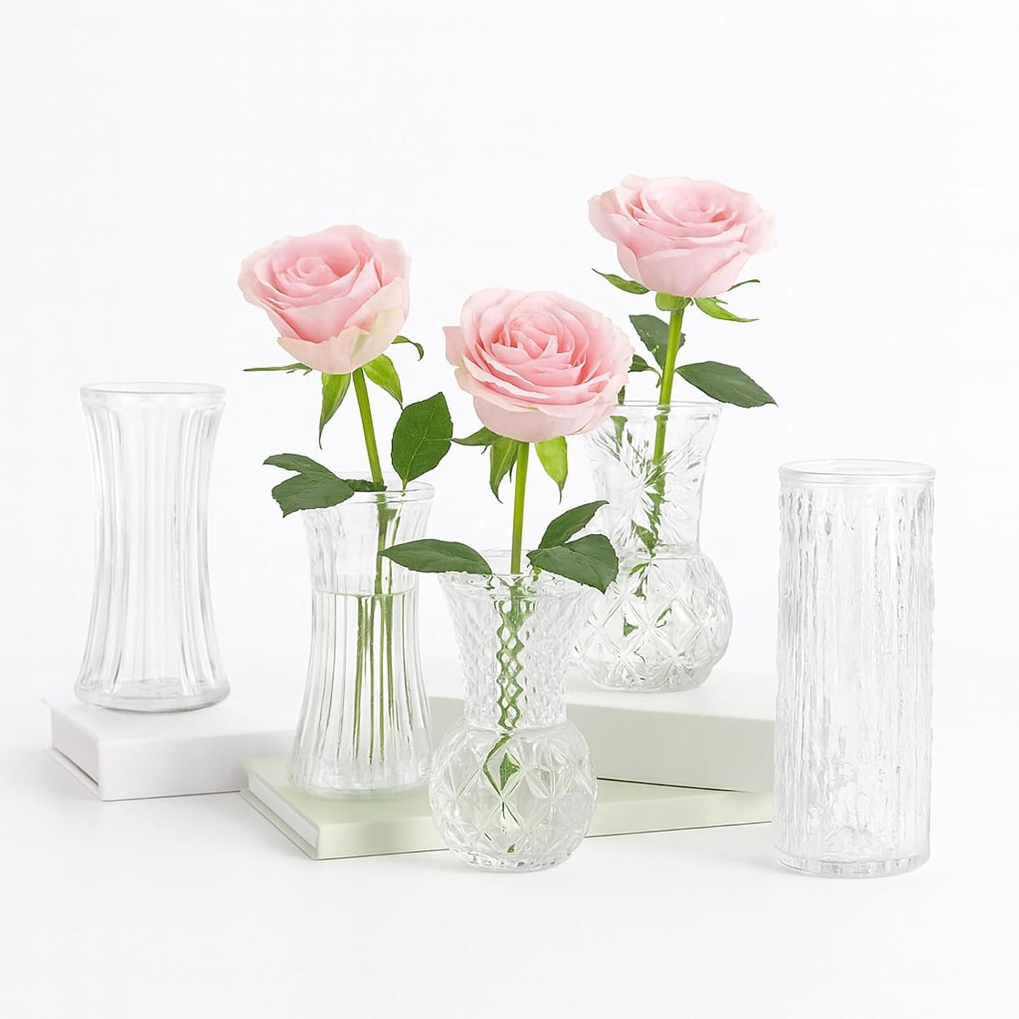 Glass Bud Vase Set of 5 Pcs, Small Clear Bud Vases for Flowers, Vintage Vases for Centerpiece Table Wedding Decorations Home Decor Glass Bottles for Birthday Party Anniversary