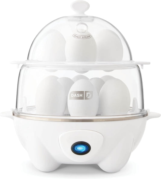 DASH Deluxe Rapid Egg Cooker for Hard Boiled, Poached, Scrambled Eggs, Omelets, Steamed Vegetables, Dumplings & More, 12 capacity, with Auto Shut Off Feature - White