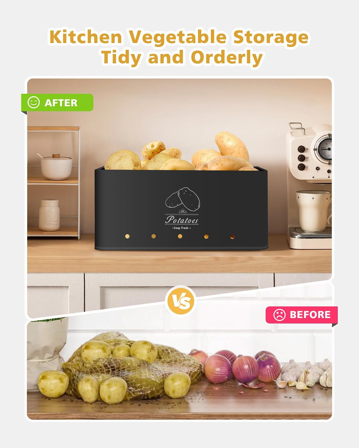 Kitchen Vegetable Storage Set of 3, Sturdy and Durable Storage Basket for Potato, Onion, Garlic, Fruit,Aerating Holes and Wooden Lid (black)