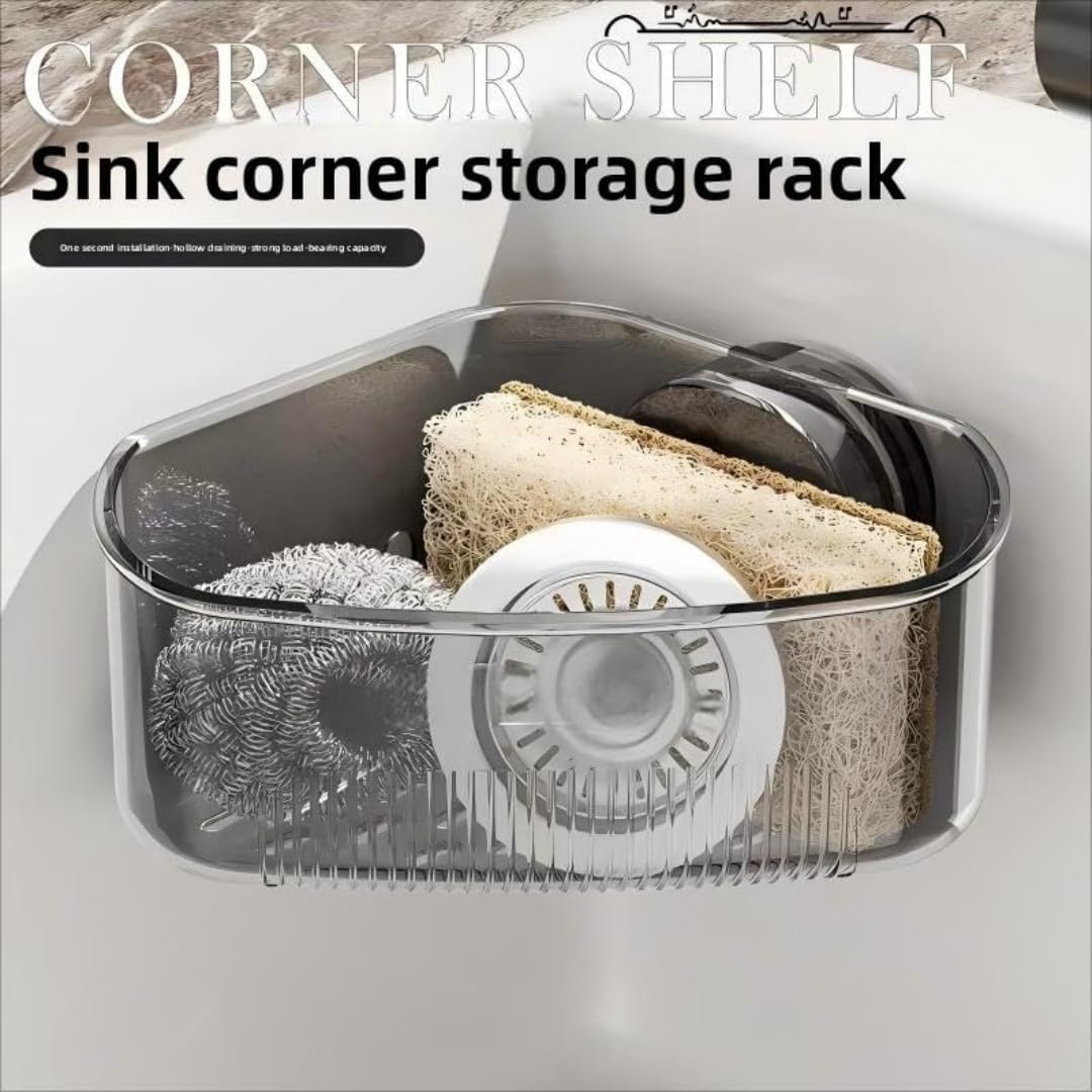 Kitchen Sink Storage Rack Suction Cup Corner Organizer for Sinks Drill-Free Triangular Sink Rack with Drain Basket Includes Adhesive Sponge and Soap Dish 2-Piece Set for Countertop Organization