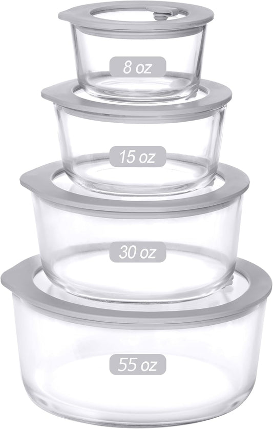 Glass Food Containers with Glass Lid, Microwave Safe Food Storage Container, Large 4 Pack Round Shape, Food Containers with Lids, Meal Prep containers with Leak Proof Lid.