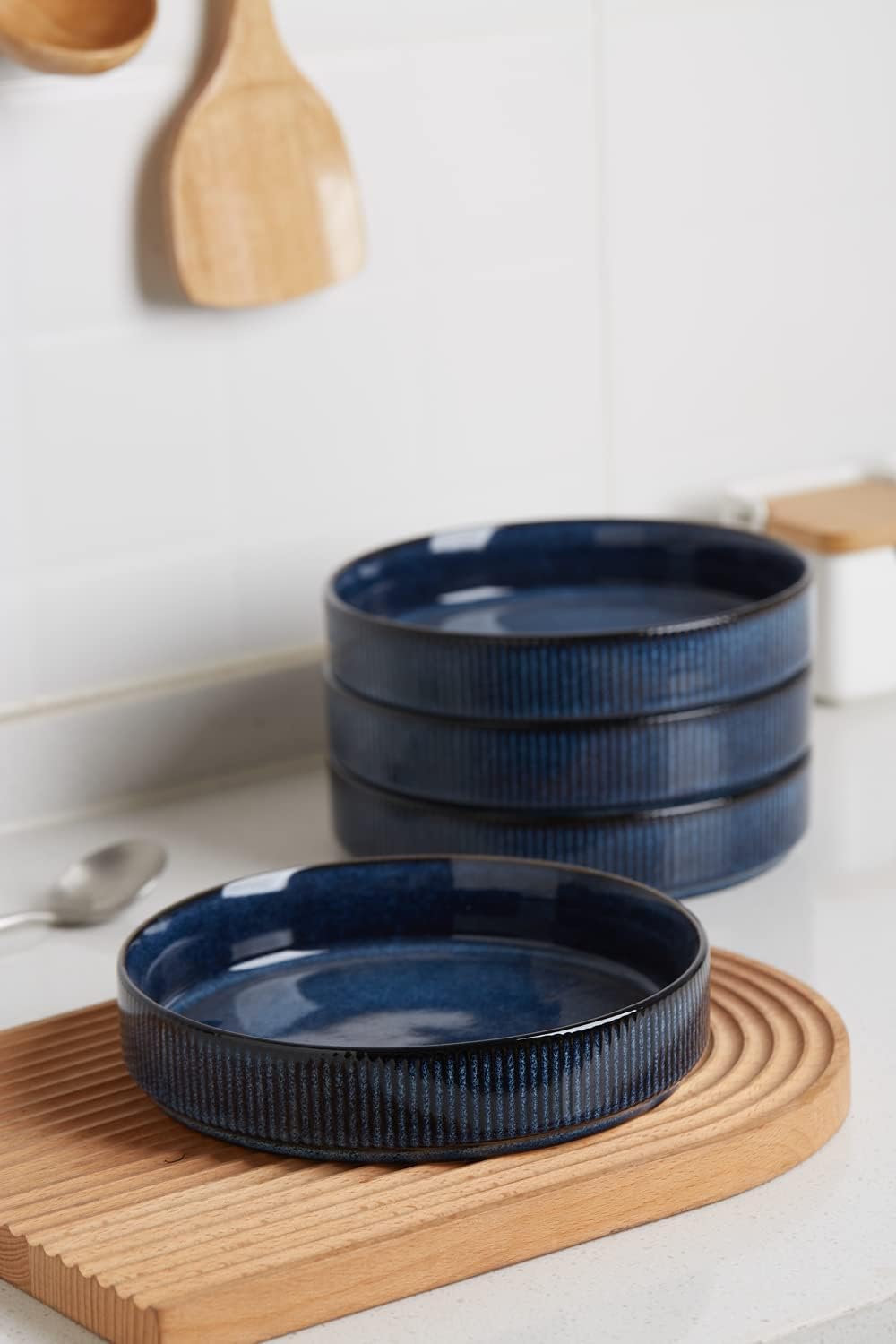 famiware Star 8.25" Pasta Bowls, Large Dinner Bowls Set of 4, Salad Bowl Plates, Shallow Bowls for Eating, Nebulas Blue