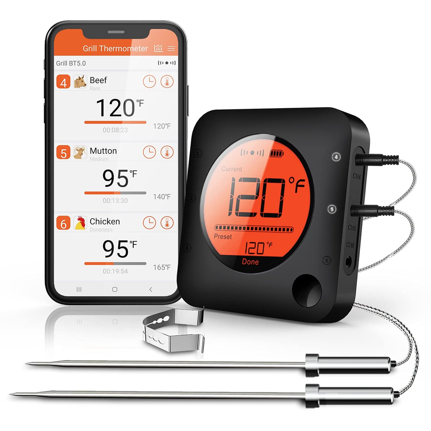 BFOUR Meat Thermometer Wireless Bluetooth, LCD Digital Meat Thermometer with Dual Probe, Wireless Remote BBQ Thermometer for Smoker Kitchen Cooking Grill Thermometer for Grilling BBQ Oven