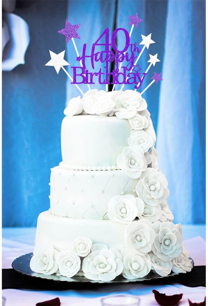 Glittery 40th Happy Birthday Cake Topper with Star,Personalised 40 Birthday Cake Toppers Party Decorations Party Supplies for Men Women Purple Silver