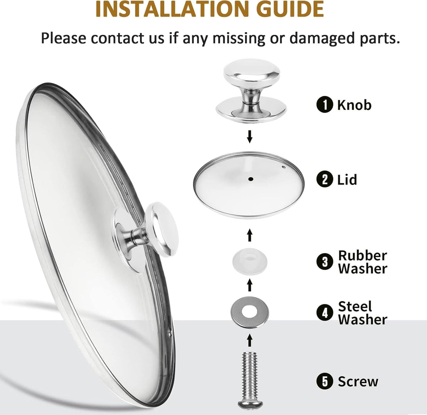 Glass Lid for 10.25 Inch Stainless Steel Cast Iron Skillets Frying Pans, 26cm Tempered Lids for Dutch Ovens, 10.25 In Pan Cover with Stainless Steel Rim for Stock Pots, Dishwasher Safe