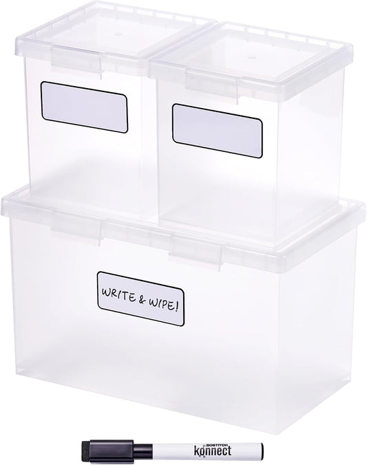 Bostitch Konnect Storage Containers with Lids, Organizer, Clear Plastic Box, Stackable Nesting Bins, 3-Piece Bundle, 1 Large, 2 Medium