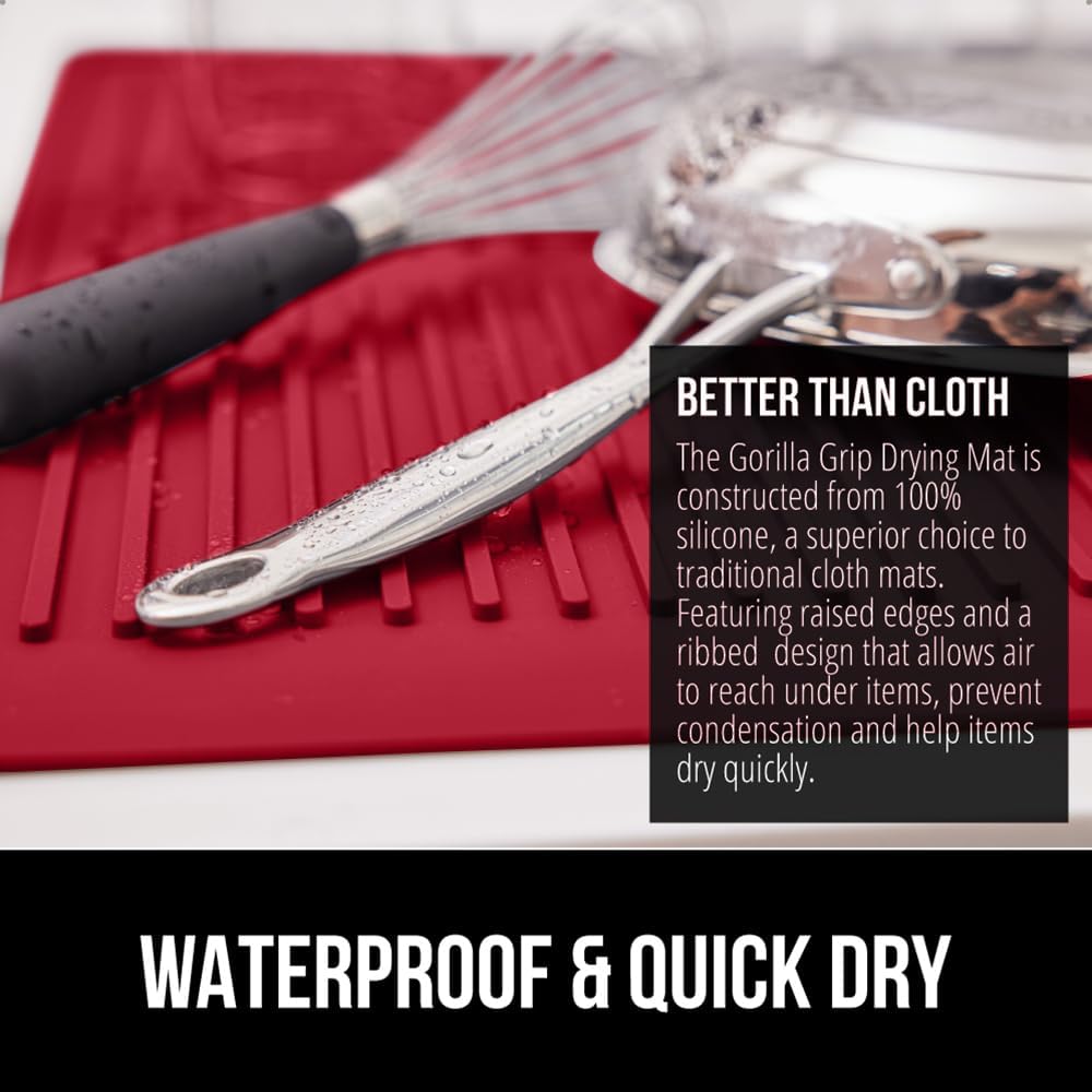 GORILLA GRIP 100% BPA-Free Patented Silicone Dish Drying Mat for Kitchen Counter, 18x16 Inch, Water Catching Ribbed Design, Easy Clean Waterproof Sink Liner, Heat Resistant, Fits Under Rack, Red