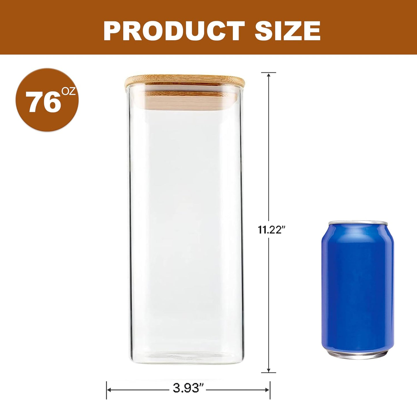 Glass Food Storage Jars 76 oz Set of 3,Glass Storage Containers Clear Glass Food Canister with Bamboo Lid Airtight For Serving Tea, Coffee, Flour, Sugar, Candy, Cookie, Spice and More (Square)