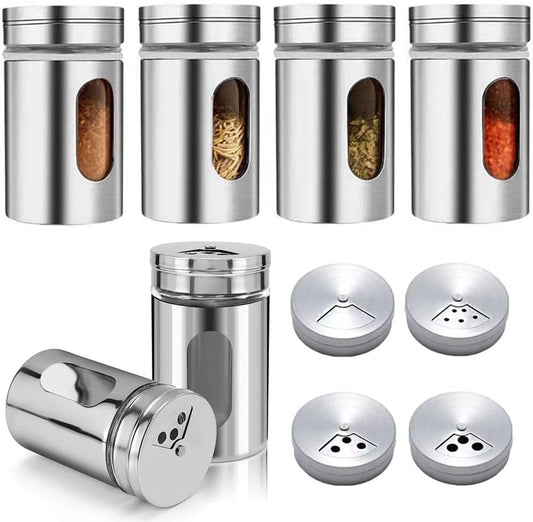 6 Pack Salt and Pepper Shakers, 80ml Spice Jars with Shaker lids, Salt Shakers Glass with Adjustable Pour Holes, Stainless Steel Seasoning Containers, Spice Bottles Glass for Kitchen