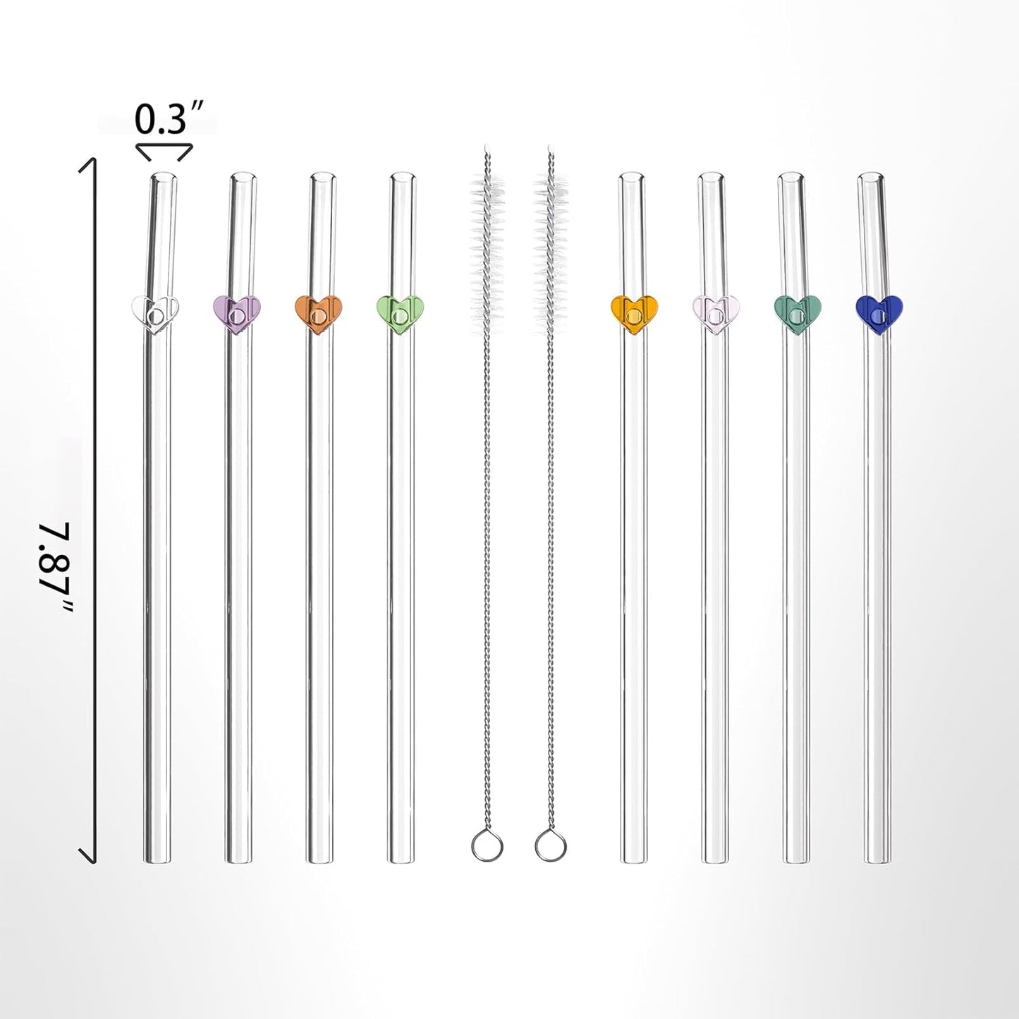 Reusable Glass Straws 8 Colorful Heart-Shaped Bent Straws with Cleaning Brushes, 8"x 0.3" Thick Clear Drinking Straw Set High Borosilicate Glass Drinking Straw for Tumblers 10 Pack Gift Wrap