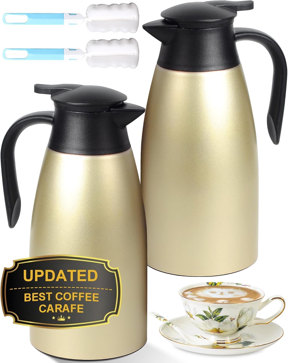 70 OZ Updated Thermal Coffee Carafe for keeping hot, 2 PCS Carafe for hot liquid, Insulated Stainless Steel Vacuum Thermal Pot for Coffee, Hot Water,Keep Hot 12 Hours (Gold+Gold)