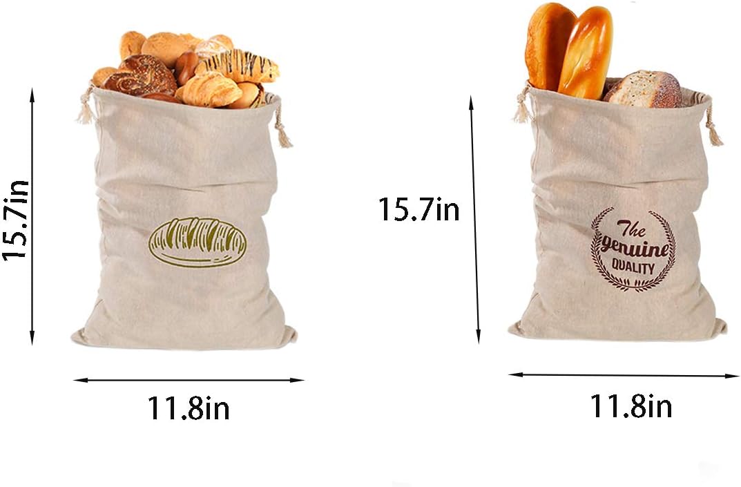 Ahyuan Natural Linen Bread Bags 2Pack 100% Flax Linen for Homemade Bread Reusable Food Storage Bags Reusable Bread Bags for Large Loaf Bakery & Baguette (Square)