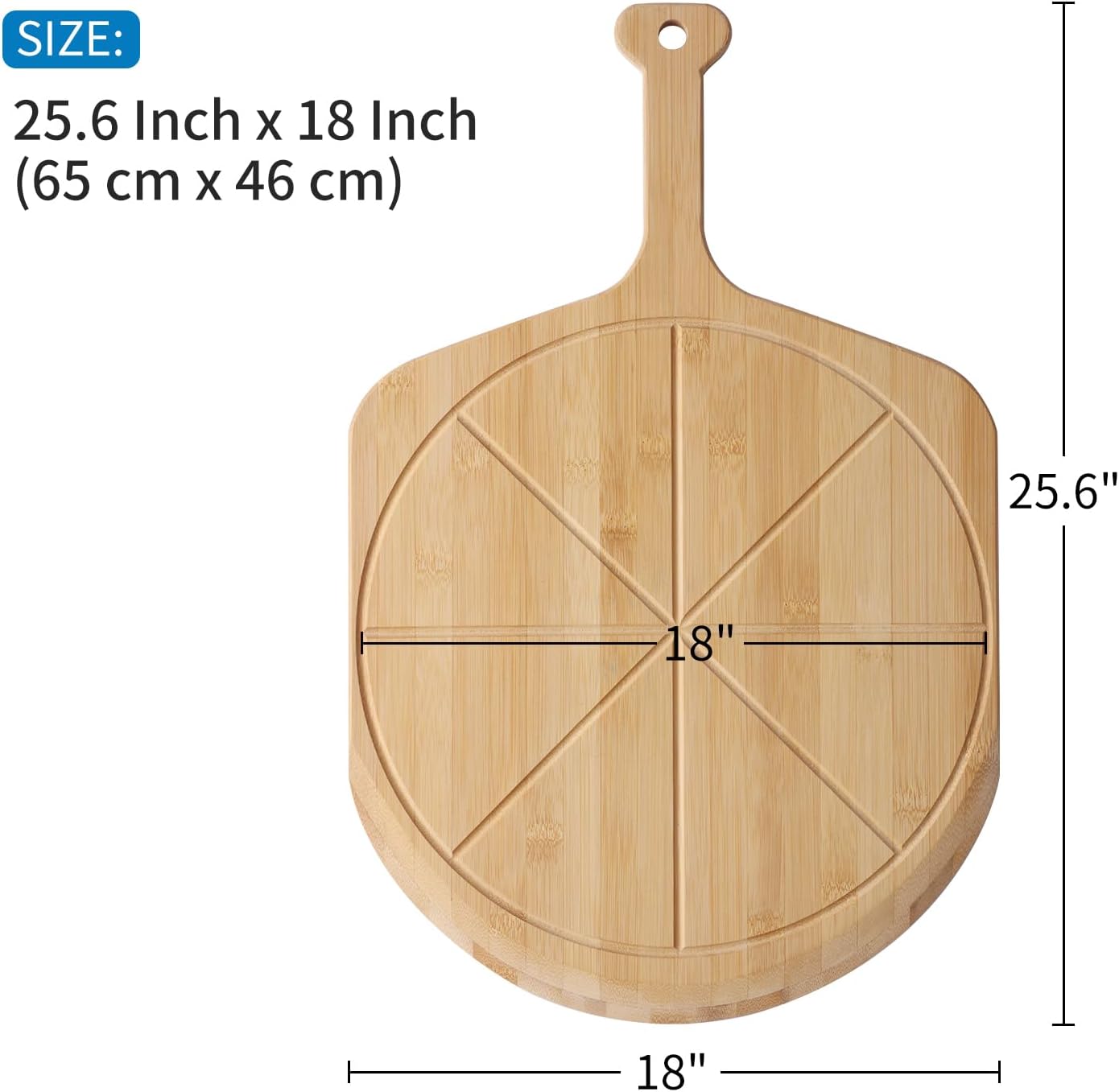 18” Bamboo Pizza Peel - Lightweight Smooth Wooden Pizza Paddle and Pizza Cutting Board with 8 Slice Grooves, Outdoor Pizza Oven Accessories, 25.6 Inch x 18 Inch