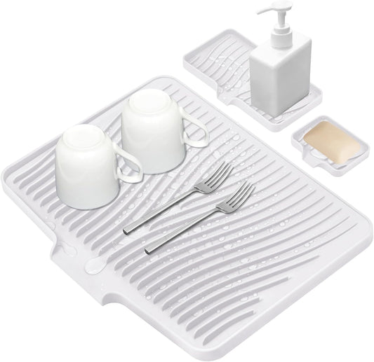 Silicone Dish Drying Mat for Kitchen Counter, Dish Drying Pad, Non-Slip Drain Pad with Built-in Drain, Heat Resistant Stone Drying Mat,Large 1 set XL(Ivory)