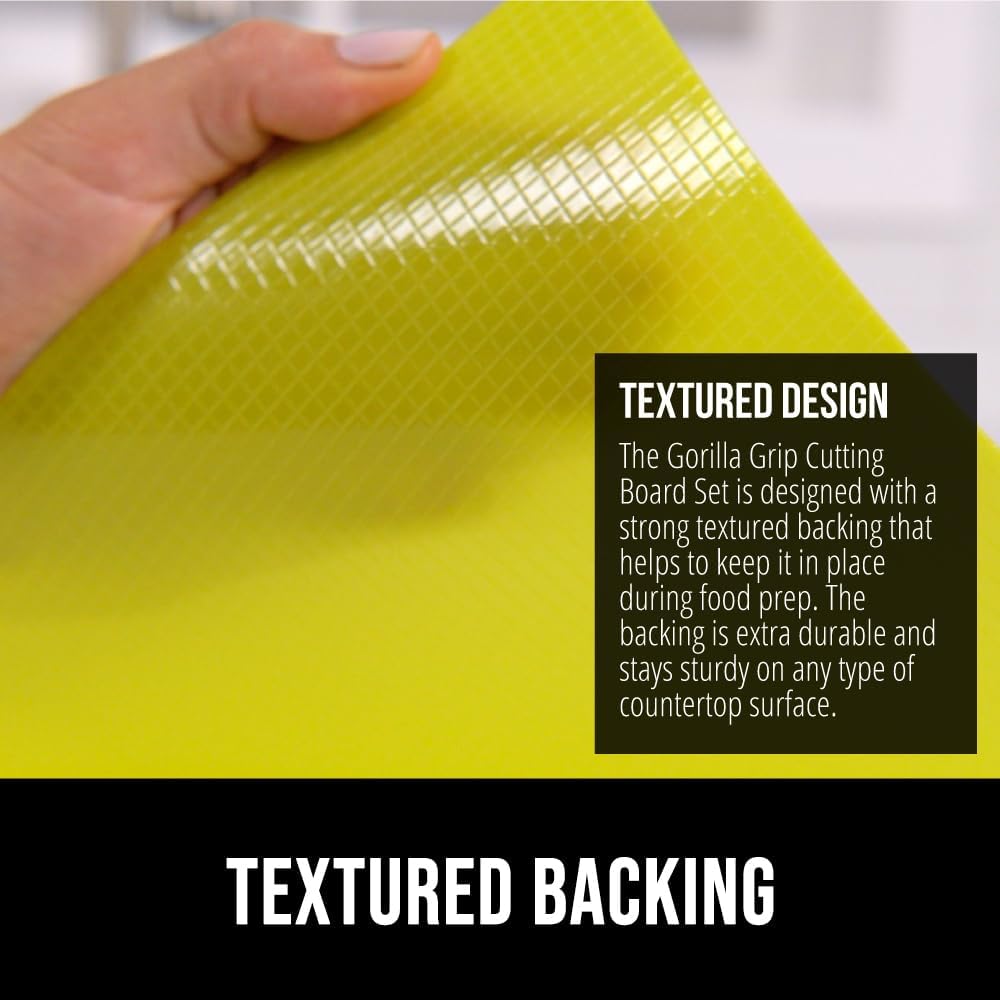 GORILLA GRIP 100% BPA-Free Flexible Cutting Board Set of 4, Durable Plastic Mats with Food Icons for Meal Prepping, Large Kitchen Chopping Mat, Use for Meat Fish Vegetables Fruit, 15x12, Multicolor